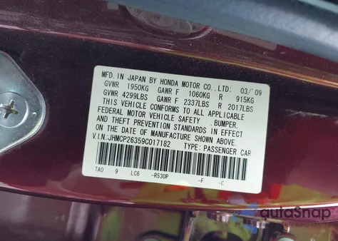 2009 Honda Accord 2.4 Lx z USA, uszkodzony, nr VIN JHMCP26359C017182